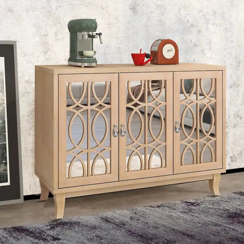 Modern Elegant Wooden Sideboard with Three Mirrored Cabinets Doors