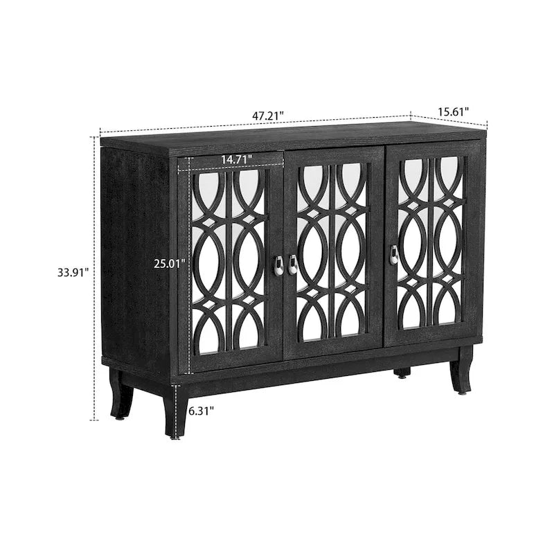 Modern Elegant Wooden Sideboard with Three Mirrored Cabinets Doors