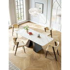 Contemporary White Rectangular Extendable Stone Dining Table with Black Base