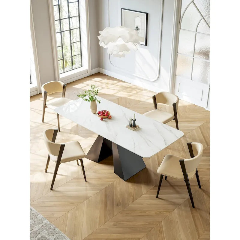 Contemporary White Rectangular Extendable Stone Dining Table with Black Base
