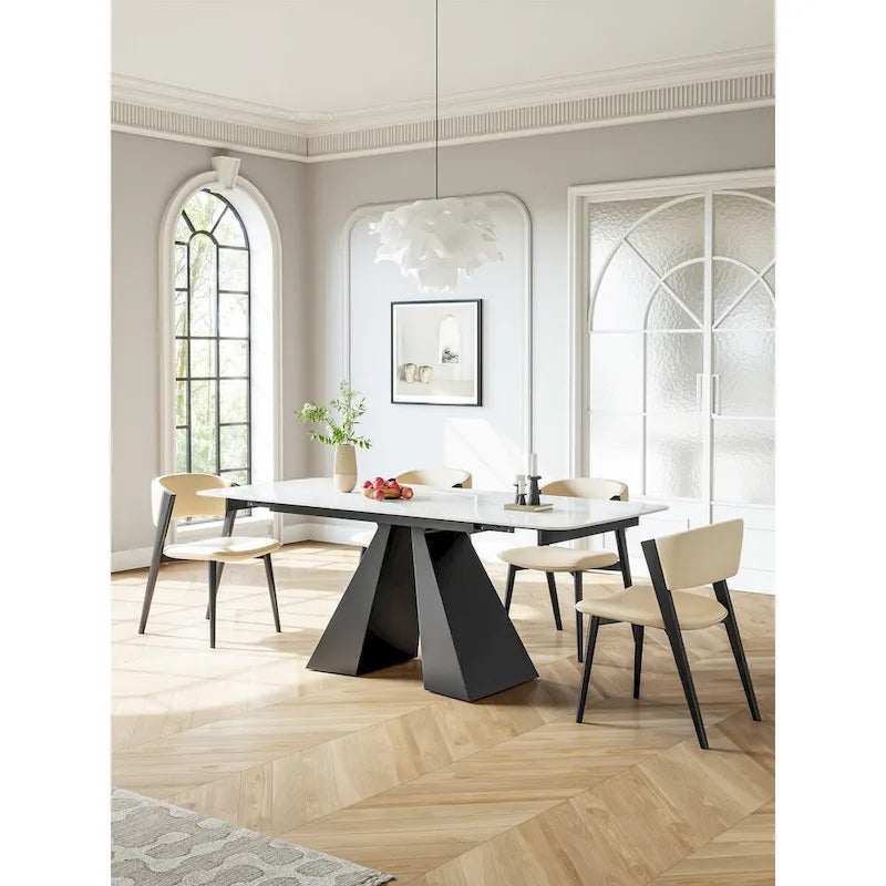Contemporary White Rectangular Extendable Stone Dining Table with Black Base