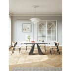 Contemporary White Rectangular Extendable Stone Dining Table with Black Base