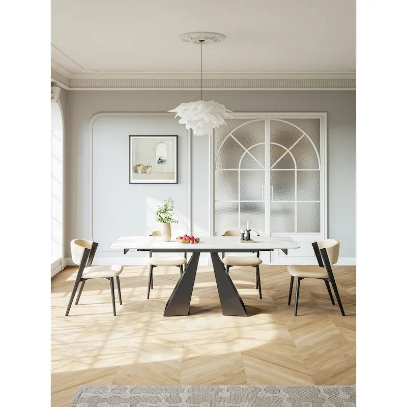 Contemporary White Rectangular Extendable Stone Dining Table with Black Base