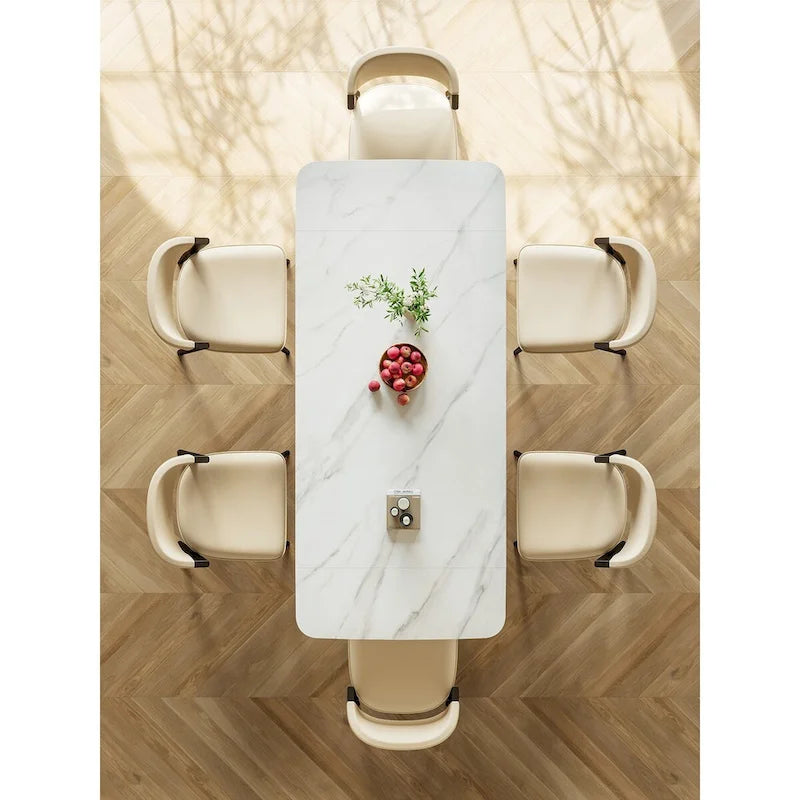 Contemporary White Rectangular Extendable Stone Dining Table with Black Base