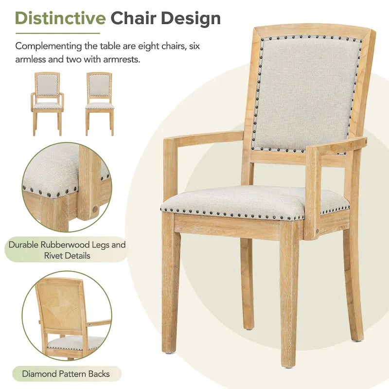 Rustic Extendable Dining Table Set with 24inch Removable Leaf, 6 Upholstered Armless Dining Chairs and 2 Padded Arm Chairs