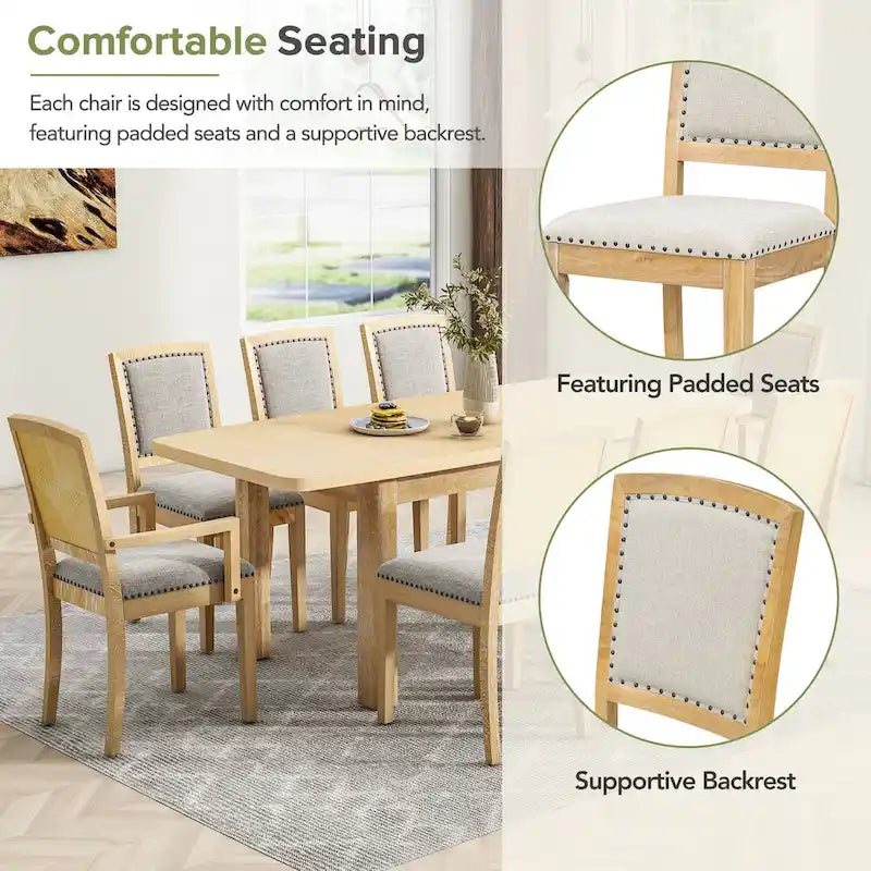 Rustic Extendable Dining Table Set with 24inch Removable Leaf, 6 Upholstered Armless Dining Chairs and 2 Padded Arm Chairs