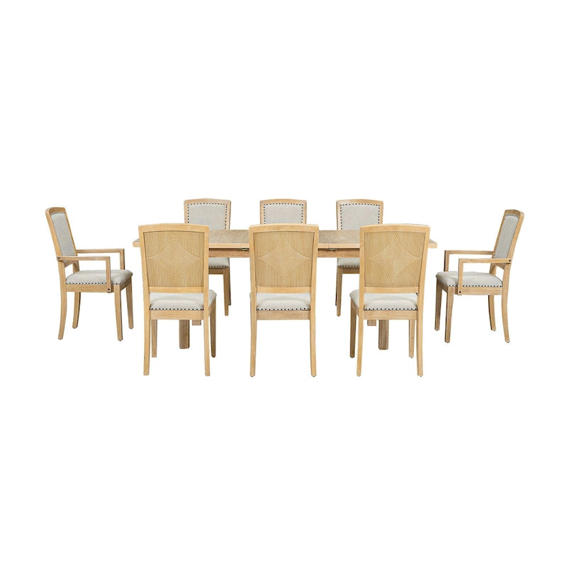 Rustic Extendable Dining Table Set with 24inch Removable Leaf, 6 Upholstered Armless Dining Chairs and 2 Padded Arm Chairs