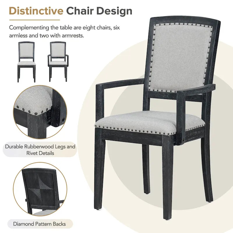 Rustic Extendable Dining Table Set with 24inch Removable Leaf, 6 Upholstered Armless Dining Chairs and 2 Padded Arm Chairs