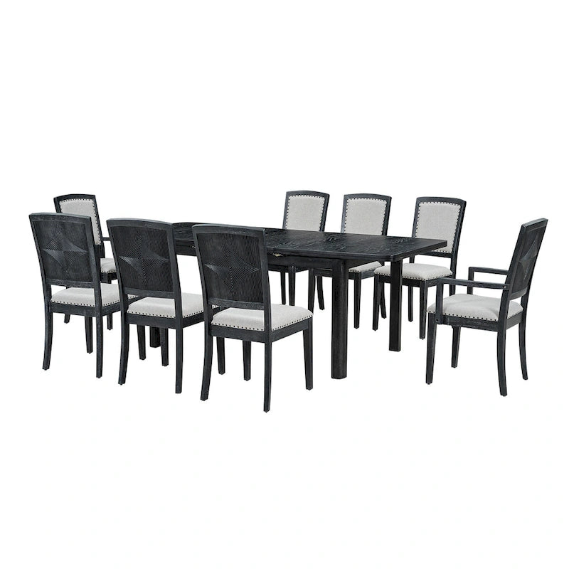 Rustic Extendable Dining Table Set with 24inch Removable Leaf, 6 Upholstered Armless Dining Chairs and 2 Padded Arm Chairs