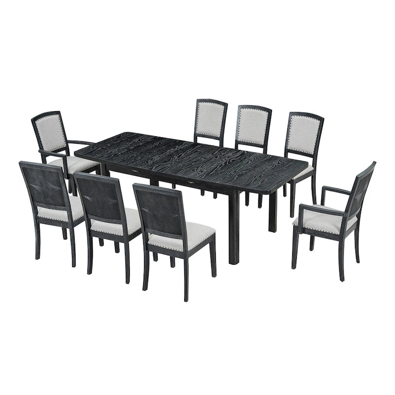 Rustic Extendable Dining Table Set with 24inch Removable Leaf, 6 Upholstered Armless Dining Chairs and 2 Padded Arm Chairs