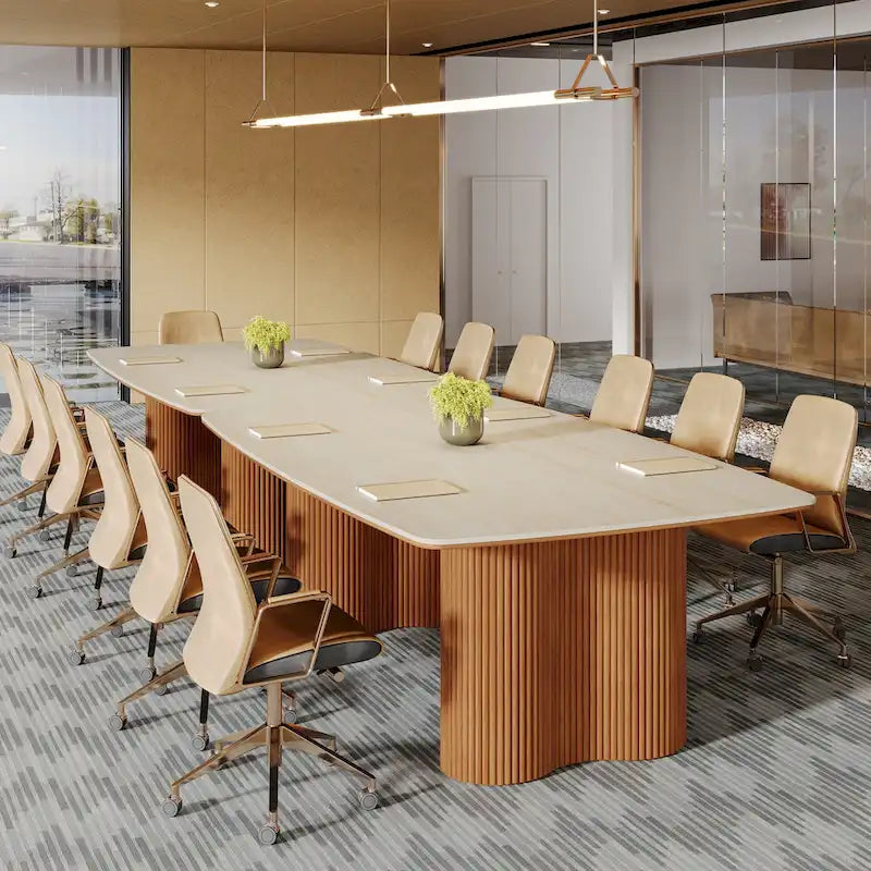 6.5 ft Conference Table with Sintered Stone Top & Wave Stripe Solid Wood Base
