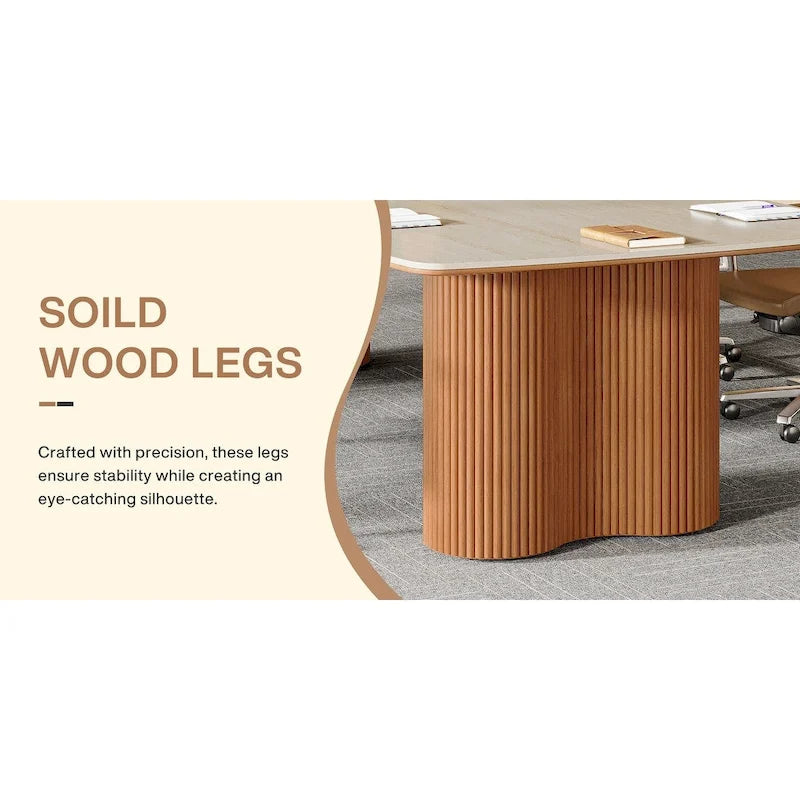 6.5 ft Conference Table with Sintered Stone Top & Wave Stripe Solid Wood Base