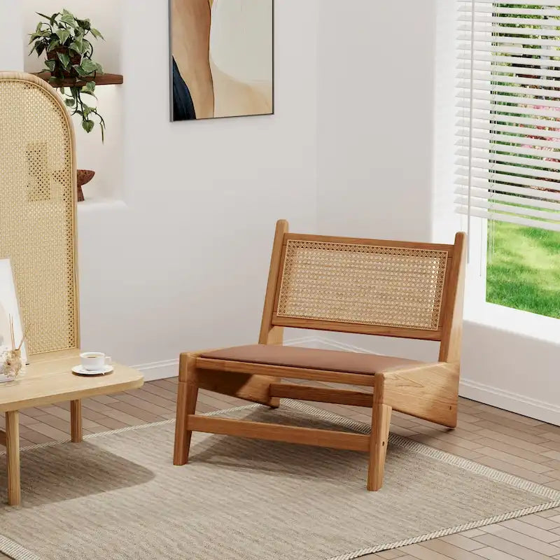 Rattan Chairs,Mid Century Modern Accent Chair Armless Reading Side Chair Living Room Chair Boho Chair with Wooden Frame