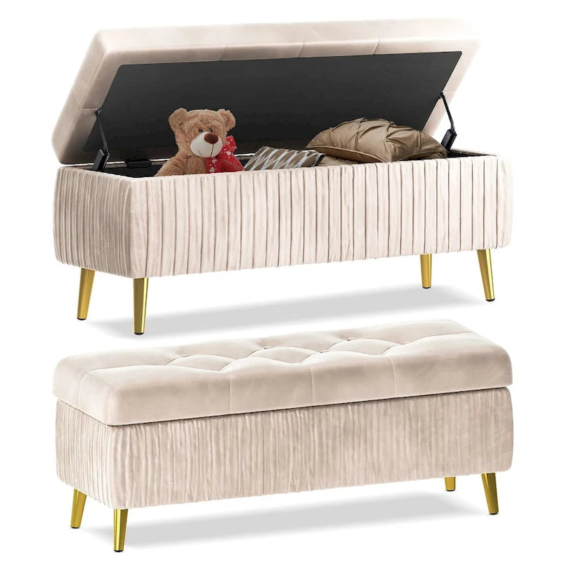 Modern Tufted Storage Ottoman Bench, Velvet Upholstered Storage Bench with Button Perfect for Bedroom, Living Room, Entryway