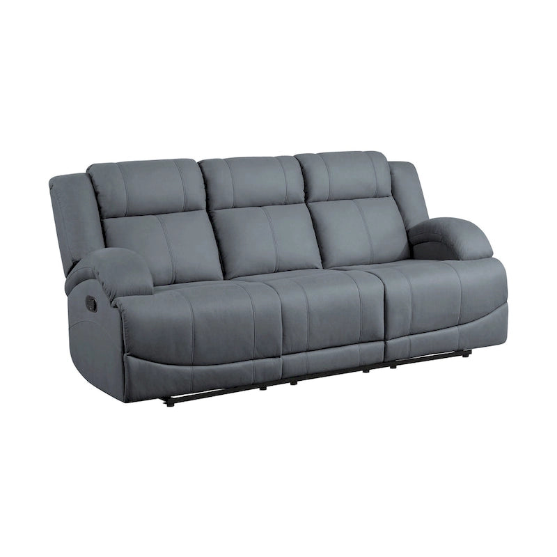 Kate 82 Inch Double Manual Recliner Sofa, Blue Microfiber, Solid Wood