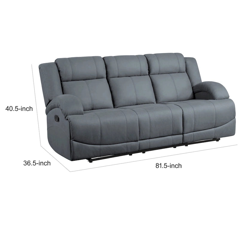 Kate 82 Inch Double Manual Recliner Sofa, Blue Microfiber, Solid Wood