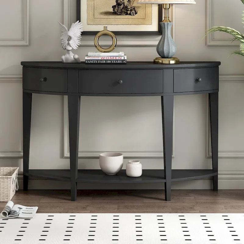 Modern Curved Console Table Sofa Table,3 drawers,1 Shelf,Black