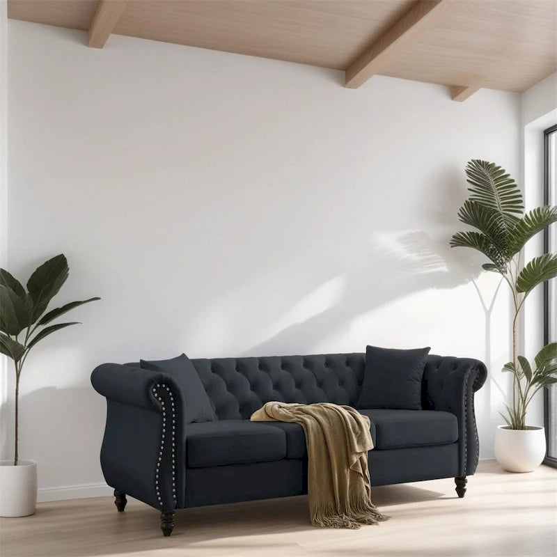 80 3 Seater Velvet Sofa with Rolled Arms and Two Pillows