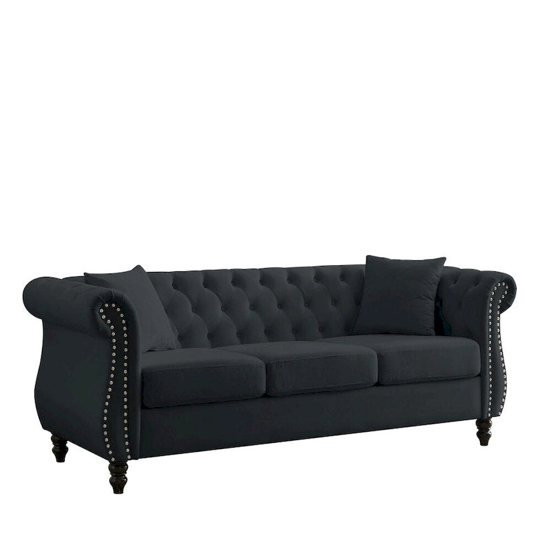80 3 Seater Velvet Sofa with Rolled Arms and Two Pillows