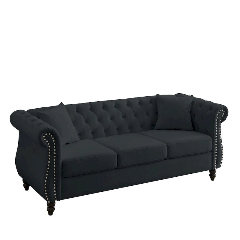 80 3 Seater Velvet Sofa with Rolled Arms and Two Pillows