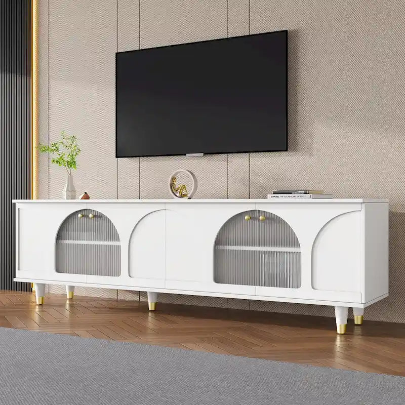 Stylish Media Console with Gold Handles and Arch Fluted Glass Doors