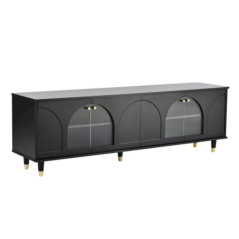 Stylish Media Console with Gold Handles and Arch Fluted Glass Doors