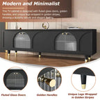 Stylish Media Console with Gold Handles and Arch Fluted Glass Doors