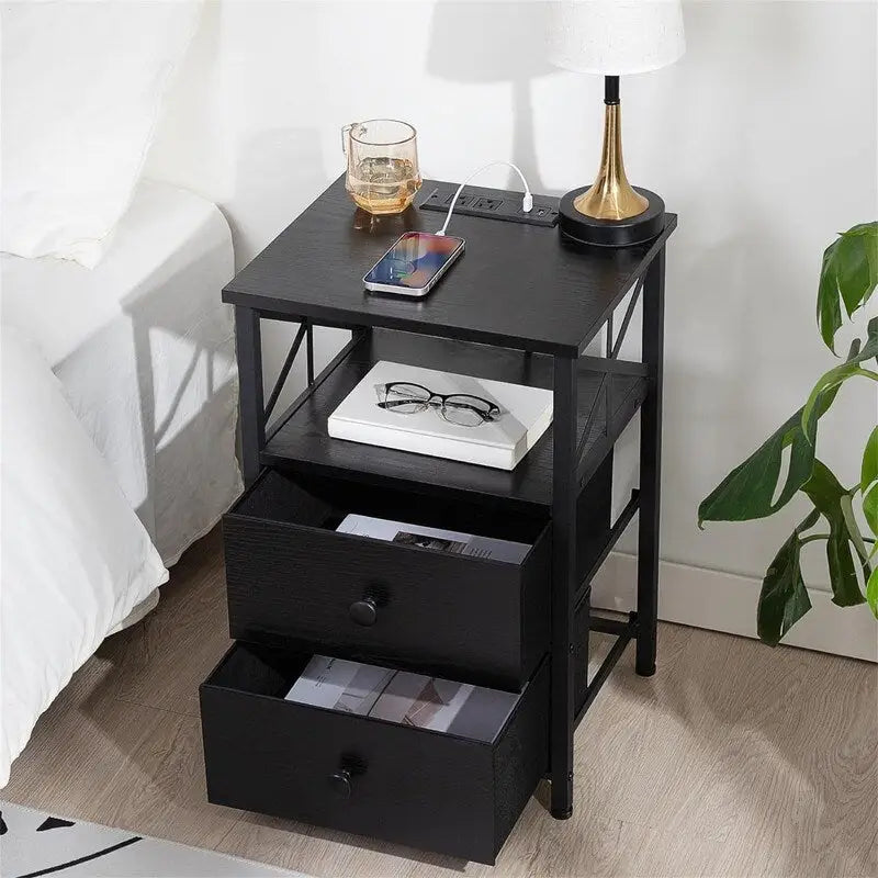 Black Nightstand with Charging Station - 15.7D x 13.8W x 23.8H