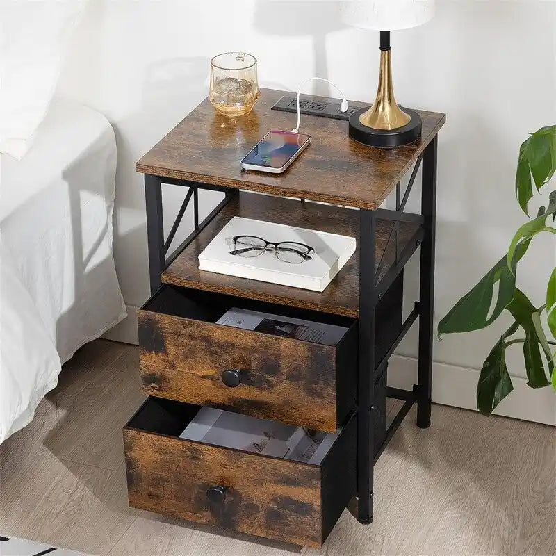 Black Nightstand with Charging Station - 15.7D x 13.8W x 23.8H