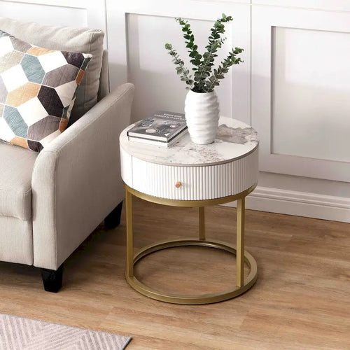 19.68 Inch Marble Round End Table with storage, Modern Nightstand with Drawer, Side Table for Living Room&Bedroom