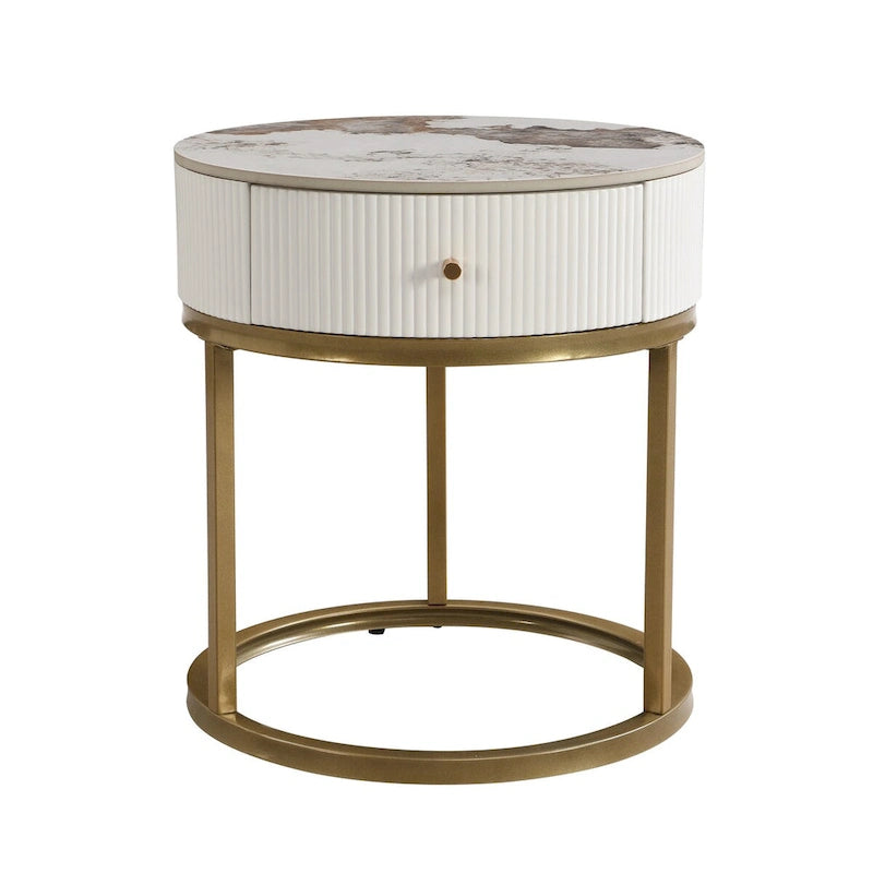 19.68 Inch Marble Round End Table with storage, Modern Nightstand with Drawer, Side Table for Living Room&Bedroom