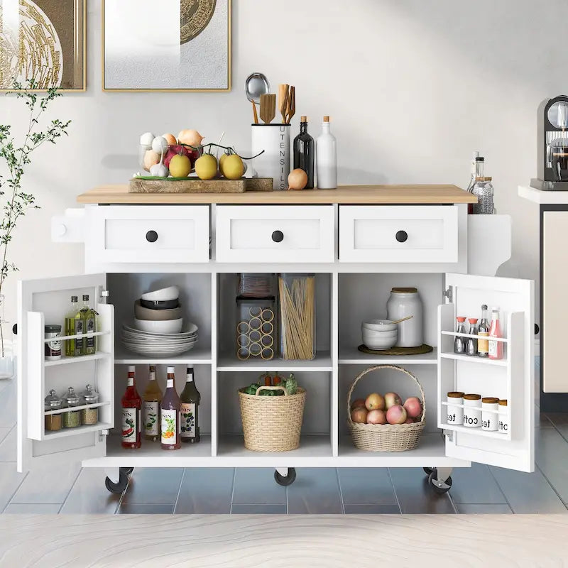 Kitchen Island on 5 Wheels with Storage Cabinet and 3 Drawers