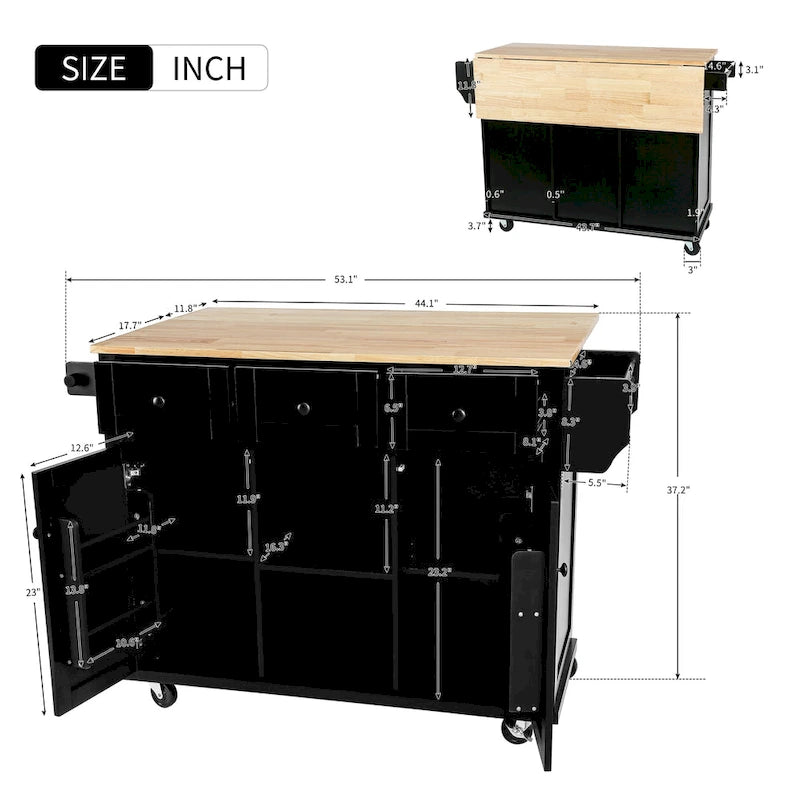 Kitchen Island on 5 Wheels with Storage Cabinet and 3 Drawers
