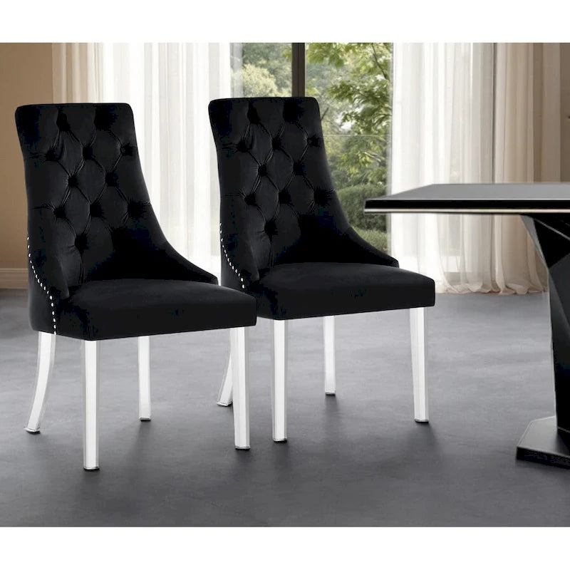 HomeRoots Set of Two Tufted Black and Clear Upholstered Velvet Dining Side Chairs
