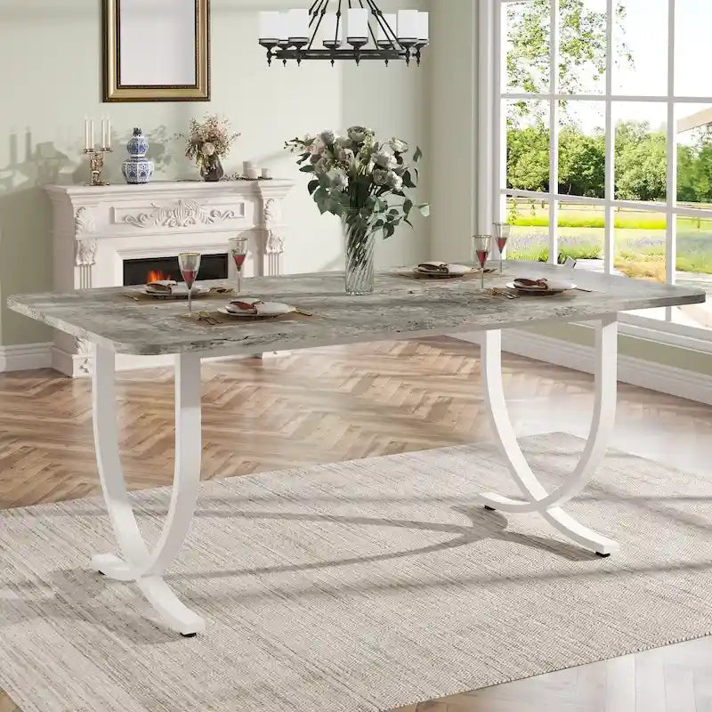 Rectangular Dining Table for 4 to 6, 63 Inch Kitchen Table with Faux Marble Finish