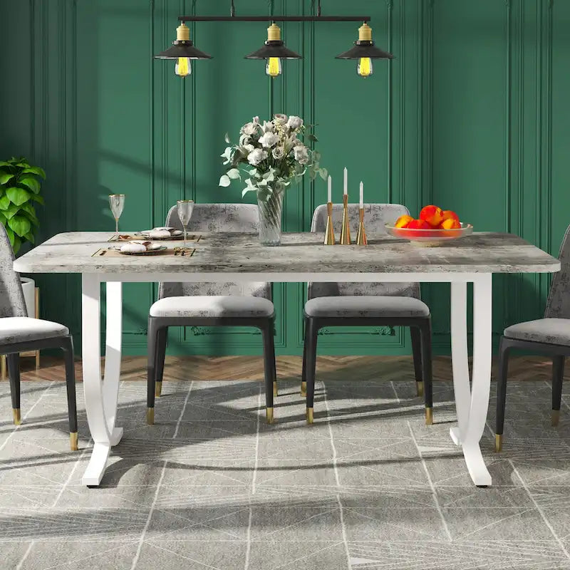 Rectangular Dining Table for 4 to 6, 63 Inch Kitchen Table with Faux Marble Finish