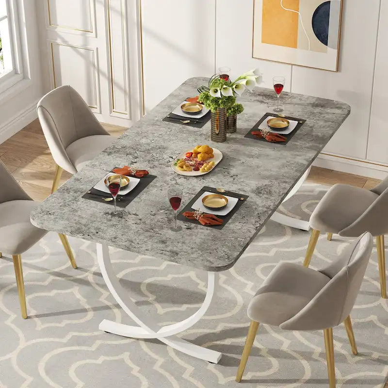Rectangular Dining Table for 4 to 6, 63 Inch Kitchen Table with Faux Marble Finish