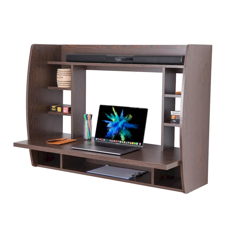 Versatile Wall Mount Floating Computer Desk - Stylish and Space-Saving Writing Study Table with Shelves - Ideal for Living Room