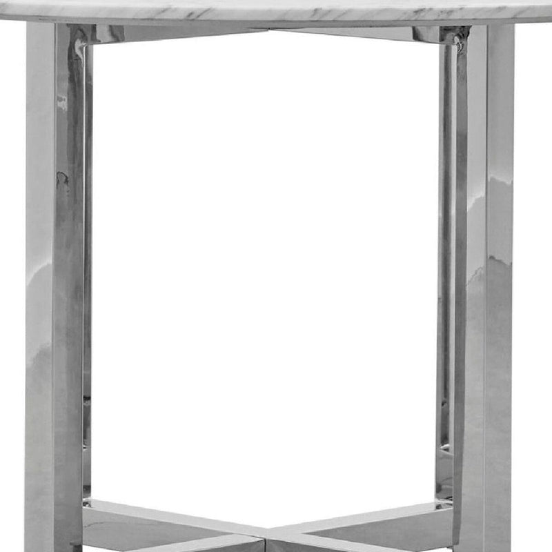 Eun 48 Inch Round Dining Table with Marble Top, Cross Base, Chrome