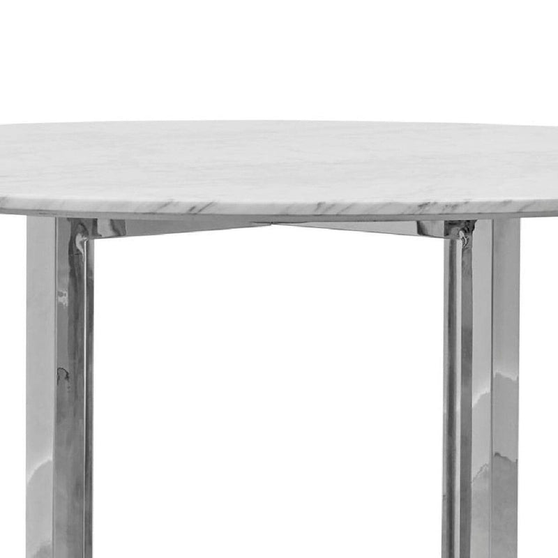 Eun 48 Inch Round Dining Table with Marble Top, Cross Base, Chrome
