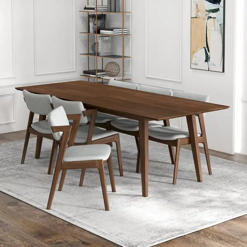 Ayven Mid-Century Style 7 Piece Solid Wood Dining Set in Walnut Brown