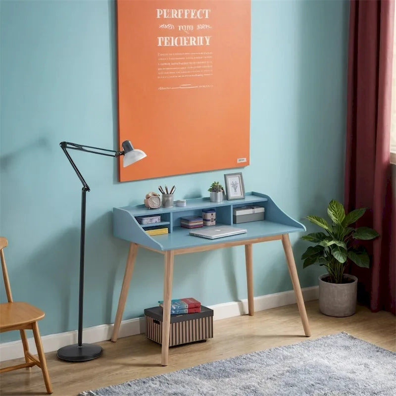 Mid-Century Modern Wood Writing Desk with Hutch
