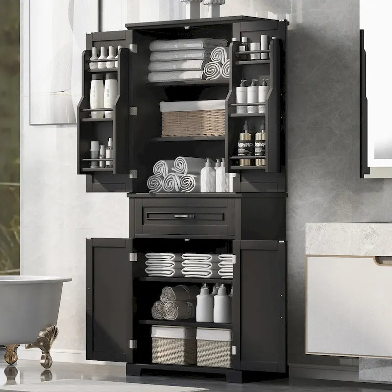Bathroom Storage Cabinet with Doors and Drawer, Multiple Storage Space, Adjustable Shelf, Black