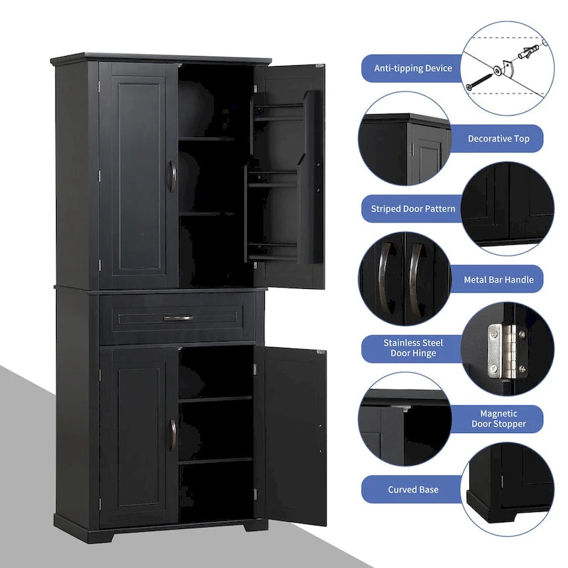 Bathroom Storage Cabinet with Doors and Drawer, Multiple Storage Space, Adjustable Shelf, Black