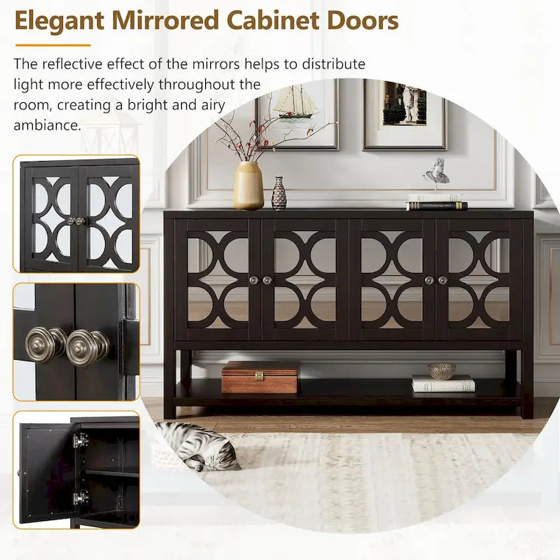 Elegant Retro Console Table/Storage Cabinet/Sideboard with Mirrored Doors, Spacious Shelves, and Durable Acacia Wood Legs