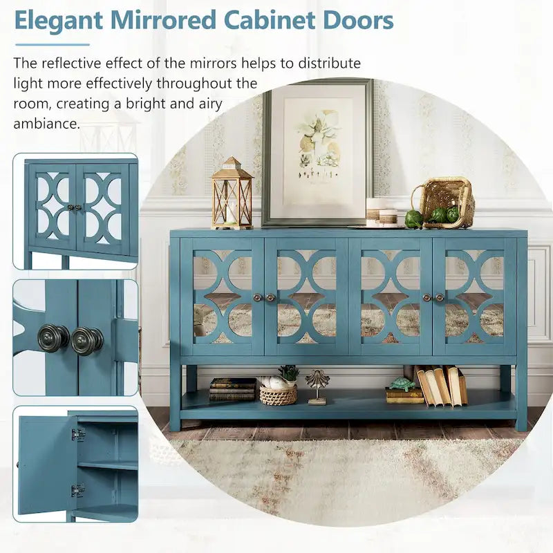 Elegant Retro Console Table/Storage Cabinet/Sideboard with Mirrored Doors, Spacious Shelves, and Durable Acacia Wood Legs
