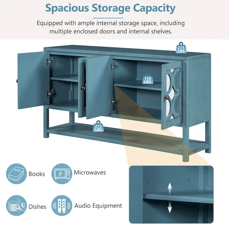 Elegant Retro Console Table/Storage Cabinet/Sideboard with Mirrored Doors, Spacious Shelves, and Durable Acacia Wood Legs