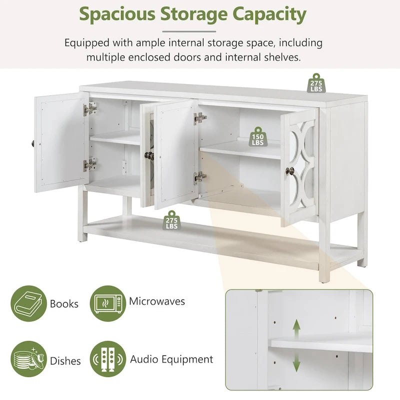 Elegant Retro Console Table/Storage Cabinet/Sideboard with Mirrored Doors, Spacious Shelves, and Durable Acacia Wood Legs