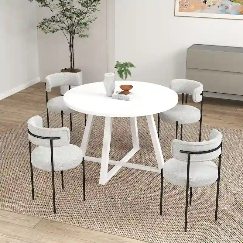 Durban 5-Piece Round Dining Set, Trestle Dining Table with 4 Boucle Chairs for Breakfast Nook, Kitchen, Living Room